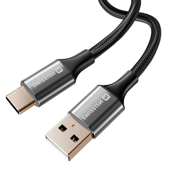 USB-C:lla varustettu USB-kaapeli, punottu, solmimaton, Swissten, musta Svart