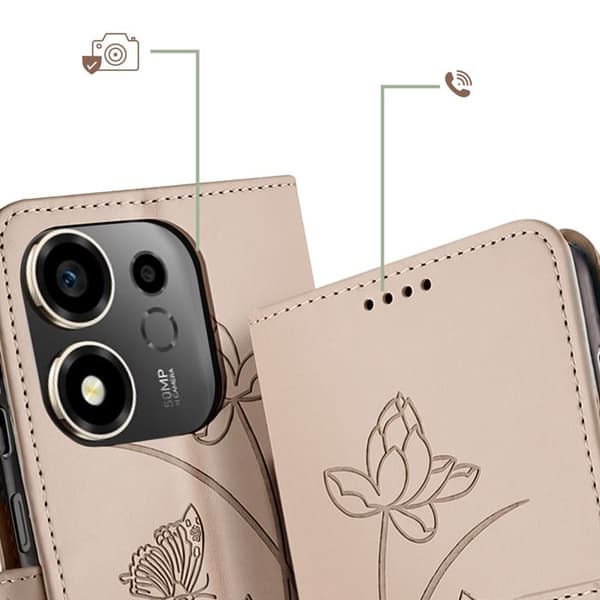 Pungetui til Honor 600 Smart Lotus Oriental mønster med beige håndledsrem beige