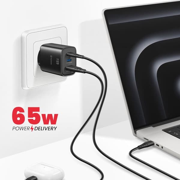 Lader 2 USB-C 65W Power Delivery og USB-A Quick Charge 3.0 18W Swissten Sort Svart