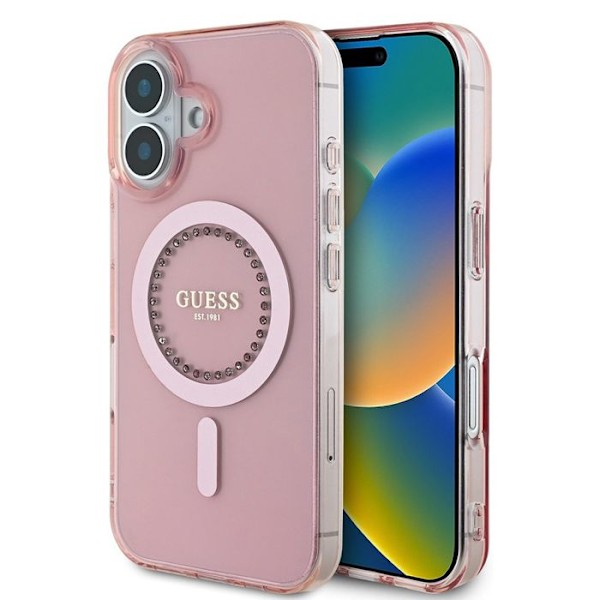 iPhone 16 -kotelo - Guess IML Strass MagSafe (GUHMP16SPFTDTEP) - vaaleanpunainen