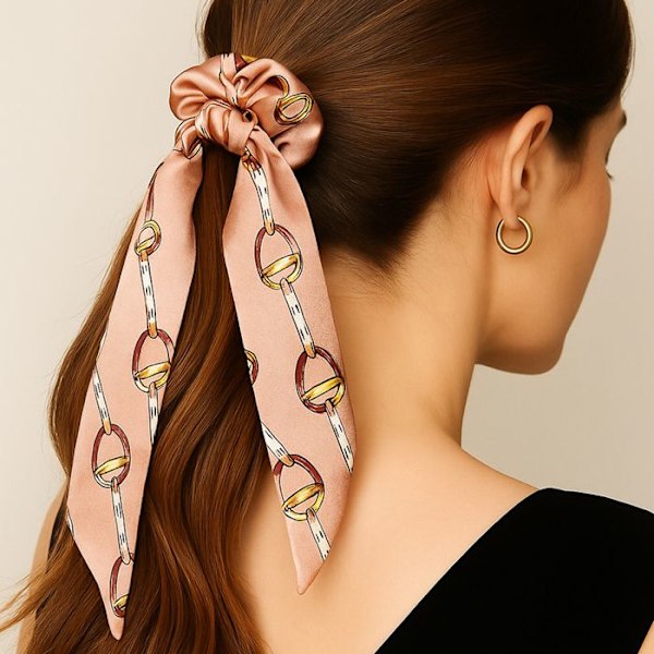 Chouchou Foulard Lang til Hår i Barok Trykt Satin Sublim Rosa Rosa Rosa