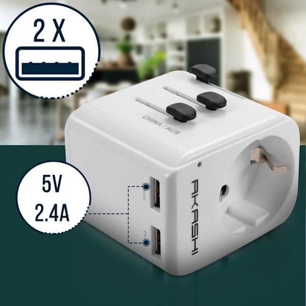 Akashi Matkailuliitin US/UK/AUS/CN EU:lle ja 2 USB-porttia - Valkoinen