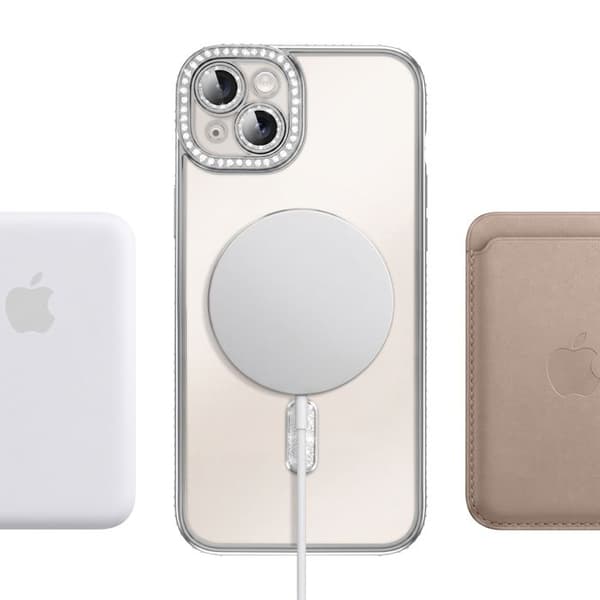 iPhone 15 Plus Cover Kompatibel med MagSafe med Sølv Rhinestone Kant Grå