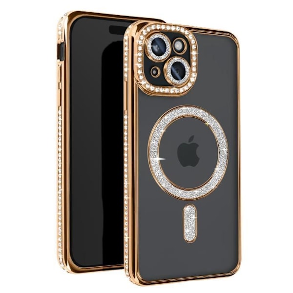 Diamantfodral till iPhone 15 MagSafe Protection Rhinestone Contour Gold Gul