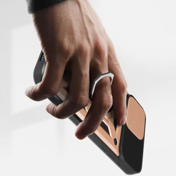 Stötsäkert fodral för iPhone 15 Pro Max skjutbart kameraskydd Rose Gold Ring Rosa