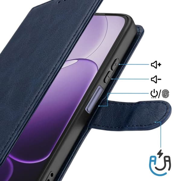 Plånboksfodral för Oppo A6x med handledsrem och videostöd i midnattsblå Blå
