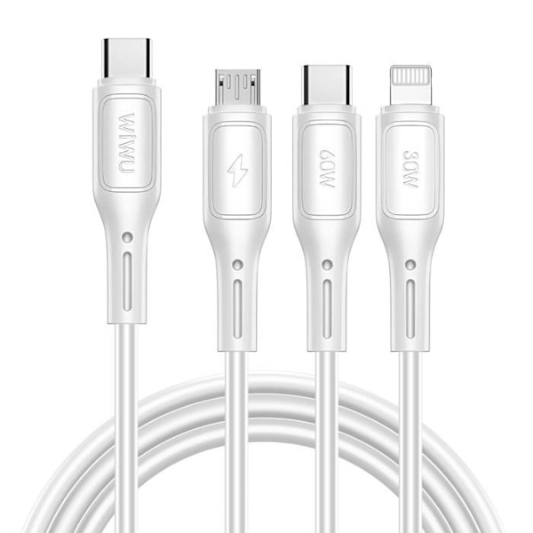3 i 1 USB-C, Micro USB och Lightning Snabbladdningskabel 60W 1m wiwu Vit