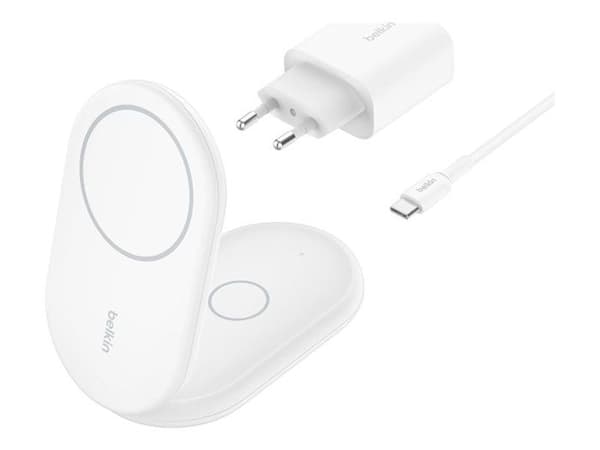 Trådløs Oplader - BELKIN - BoostCharge - 15 W Qi2 - Kompatibel med MagSafe - 2-i-1 Foldbar Vit