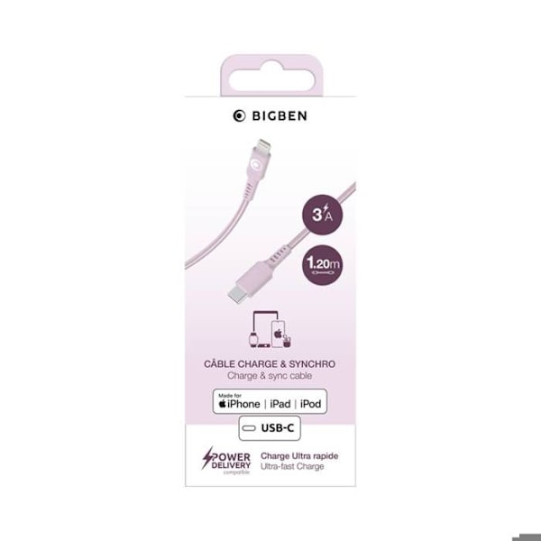 USB-C / Lightning Oplader- og Overførselskabel 3A Power Delivery 60W 1.2m BigBen Connected Pink