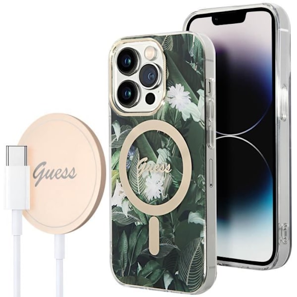 MagSafe Pack för iPhone 14 Pro-fodral och 15W MagSafe-laddare Guess Green Grön