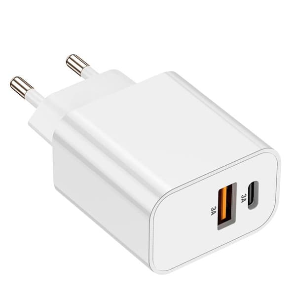 Nätadapter - Akashi - USB-C + USB - 15W - Snabbladdning - Kompakt Vit