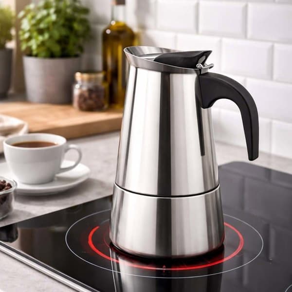 Cafeteria i rustfrit stål 12 kopper kompatibel med induktion til Moka-kaffe Cheffinger sølv Grå