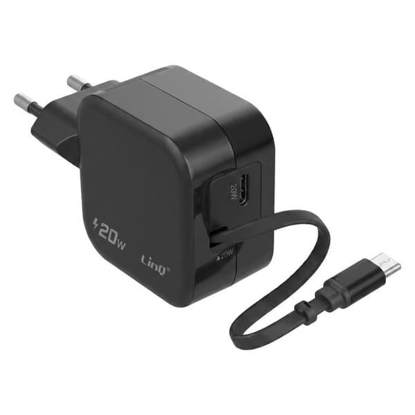 USB-C 20W Lommeoplader med Retractable Kabel og USB-C Port LinQ Sort Svart
