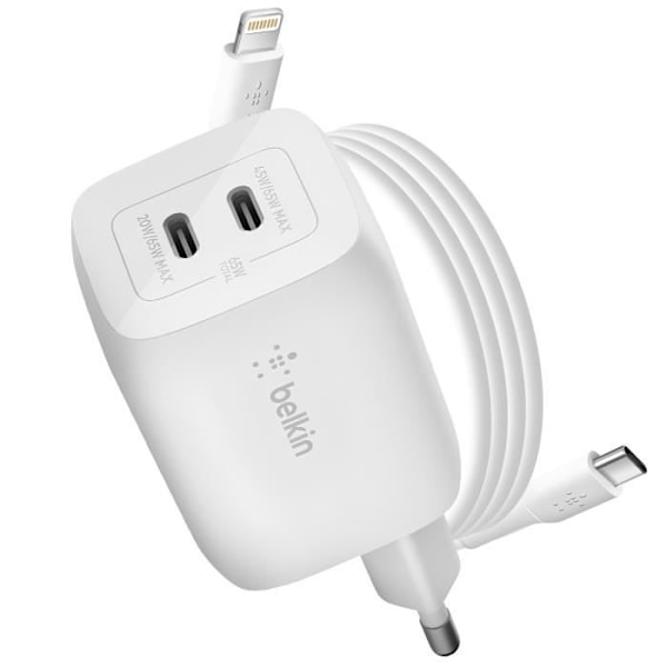 Dobbelt USB C 65W GaN og PPS vægoplader med 2m USB C-kabel Belkin Hvid Vit