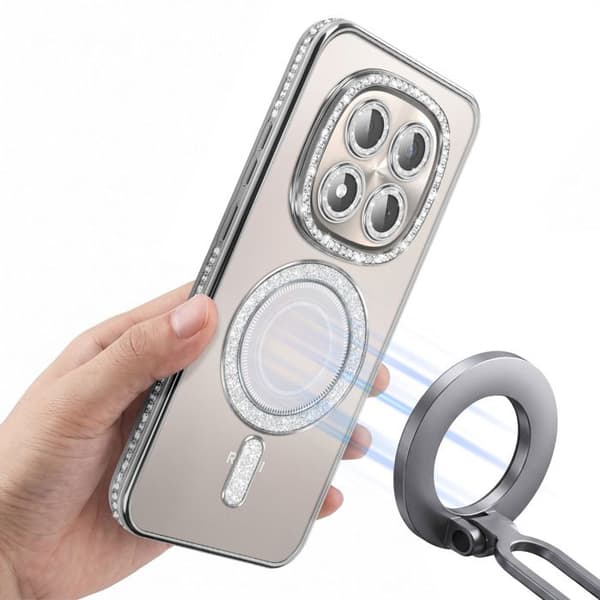 Cover til Redmi Note 15 Pro 5G Kompatibel med MagSafe med Sølv Rhinsten Kant Grå