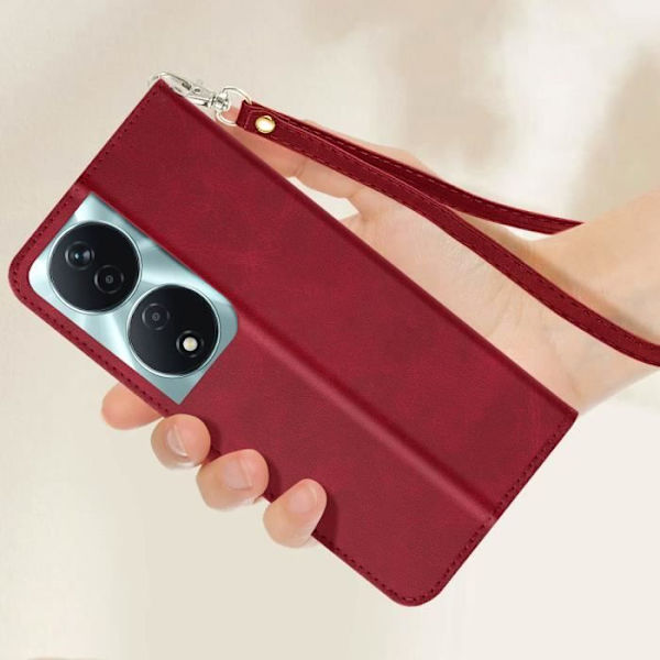 Fodral för Honor 90 Smart - AVIZAR - Flip Wallet Support handledsrem - Röd - Halvstyv - Smidig Röd