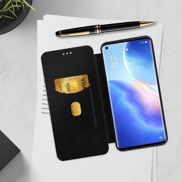 Oppo Reno 5 Pro 5G Cover Flip Card Holder Håndledsrem Sort Carbon Effect Sort Svart