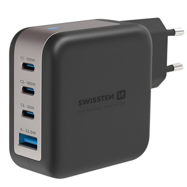 Laddare Sektor GaN 100W med 3x USB-C + USB Snabbladdning Kompakt Swissten Svart
