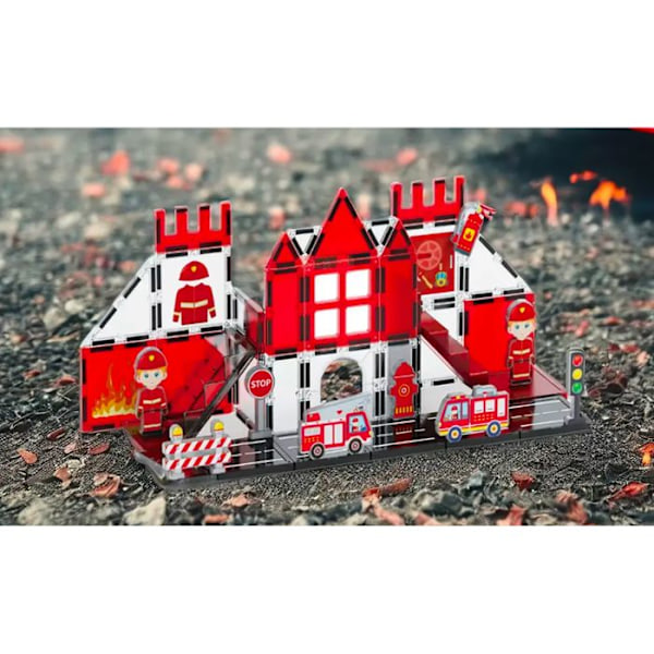 Magnetiskt byggspel för barn, brandmanstema, 48 delar, solid röd Röd