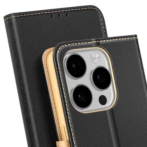 iPhone 16 Pro Max Lompakko Saffiano Nahkakuori Fancy Musta / Kulta Svart