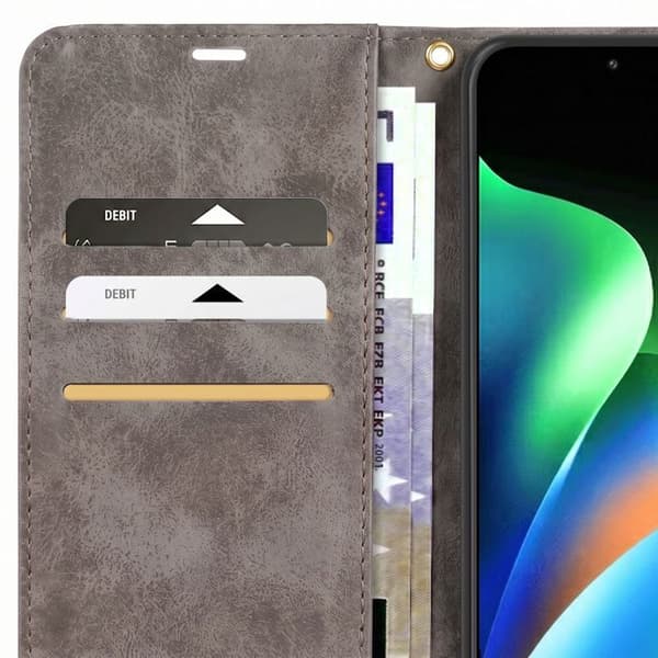 Folio-etui til Redmi 17 med patineret finish, med støtte og håndledsrem i grå Grå
