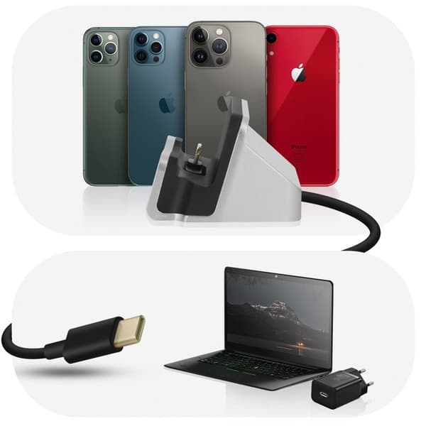 Lightning-laddningsdocka för iPhone Snabbladdning 18W med 1m kabel Silver Grå