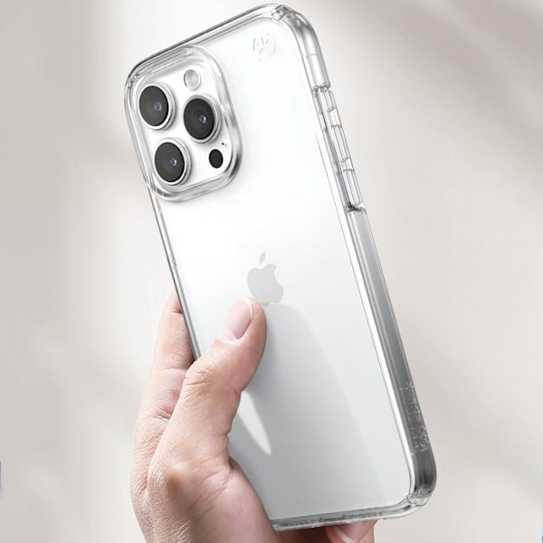 iPhone 15 Pro Max - Putkenkestävä Presidio Perfect-Clear Speck Läpinäkyvä kuori Vit