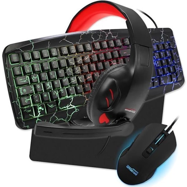 AMSTRAD WARRIORS Pro Gamer Pack 5 delar: Tangentbord, Mus & matta, Headset & adapter. RGB-bakgrundsbelysning. AZERTY & USB