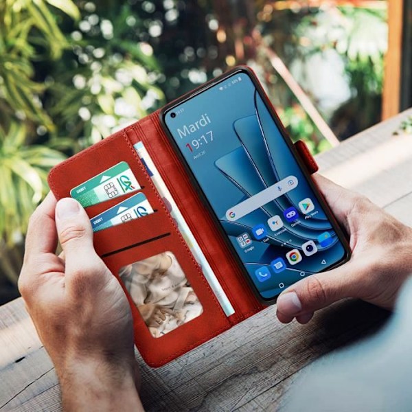 OnePlus 10 Pro Case Kunstlæderkortholder Dobbelt magnetisk fane Rød Röd