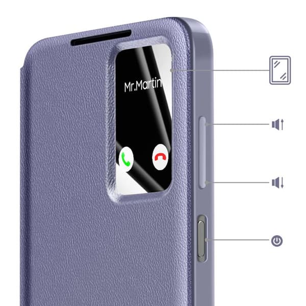 Galaxy A37:n kotelo Smart View -ikkunalla ja korttipaikalla, harmaa laventeli Grå