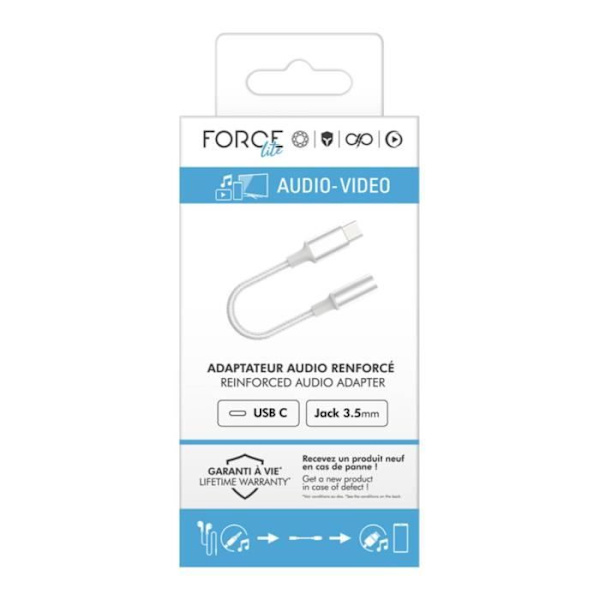 Audioadapter - FORCE POWER - Lite - USB-C til Jack 3.5mm - Hvid - Forstærket Vit