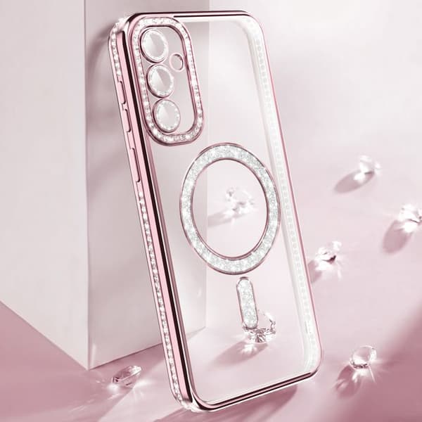 Diamantetui til Galaxy S26 med magnetisk ring og rosa strasskant Ros