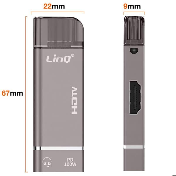 Mini Hub USB-C til HDMI 4K Jack 3.5mm og USB-C 100W LinQ Grå