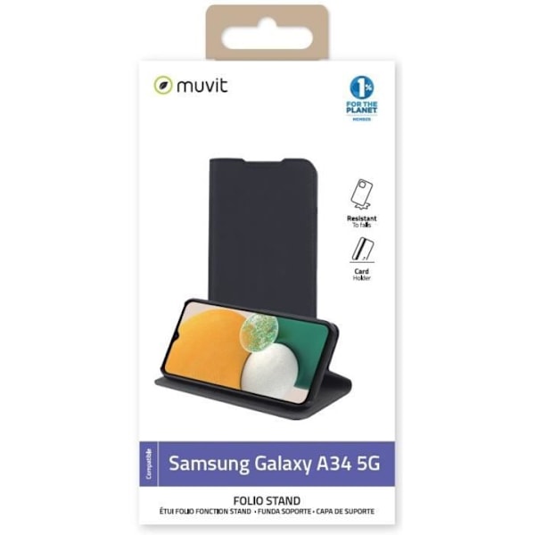 MUVIT FOR CHANGE Folio-etui med stativ til Samsung Galaxy A34 5G - Sort - Syntetisk - Voksen - Unisex Svart