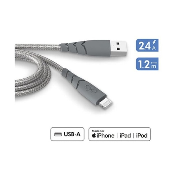 Ultraförstärkt USB A/Lightning-kabel 1,2m 2,4A Livstidsgaranti Grå - 100 % återvunnen plast Force Power