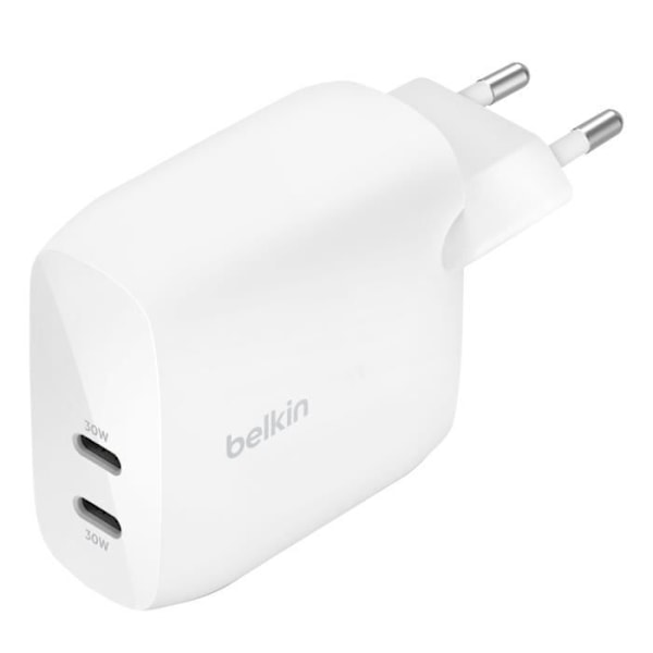 Laddare Vägg 2x USB C 30W Power Delivery PPS Kompakt Format Belkin Vit Vit