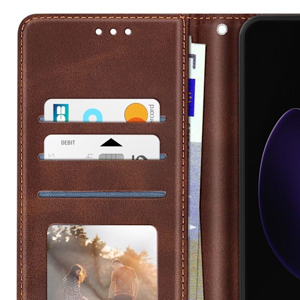 Etui til Oppo Reno 13 F og 13 FS Sort Rem Klap Støtte Pung Mørkebrun kastanj