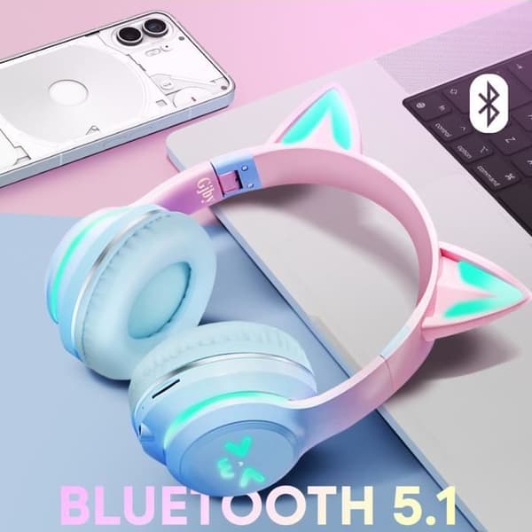 Bluetooth headset - AVIZAR - Katteører - Lysende - Komfortabel - Micro SD Blå