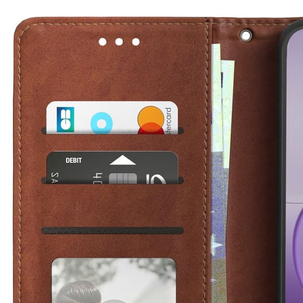 Plånboksfodral för Oppo A6x med handledsrem och videostöd i brunt brun