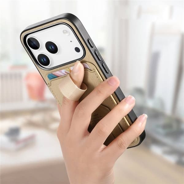 iPhone 17 Pro Max Fodral med Tyg Effekt och Stöd samt Kortfack Kaki Grön