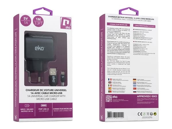 USB-A 5W nätadapter och 1m Micro-USB-kabel svart Svart