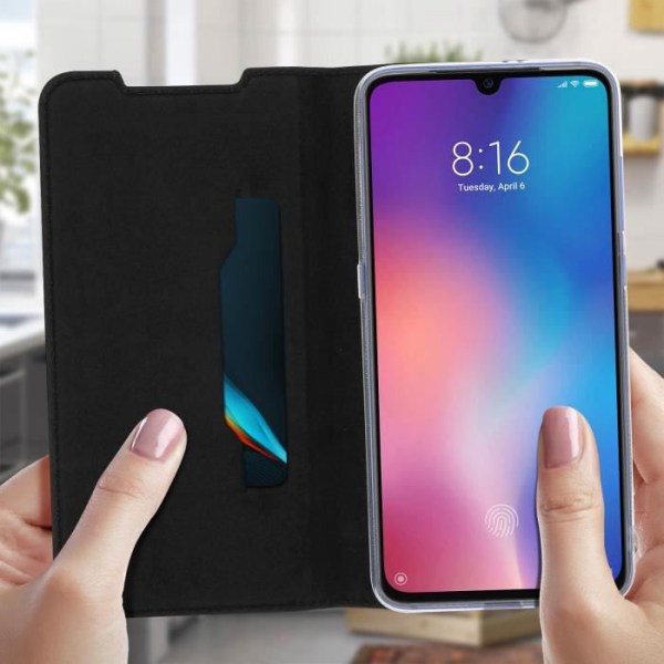 Hus - AKASHI - Xiaomi Mi 9 - Ekologisk läder - Flexibel - Video stöd - Kortfack Svart