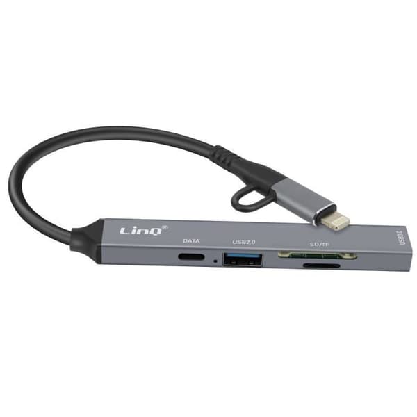 USB-C og Lightning hub - LinQ - Sort - 1x USB-C - 2x USB - SD/TF kortlæser
