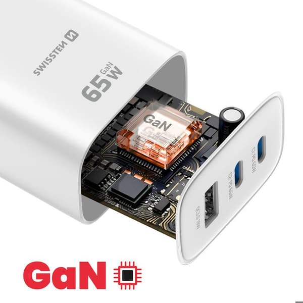 Laddare 2 USB-C 65W Power Delivery och USB-A Quick Charge 3.0 18W Swissten Vit Vit