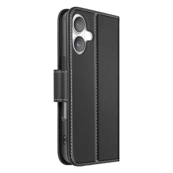 Premium läder plånboksfodral för iPhone 16 Plus med ställfunktion svart Svart