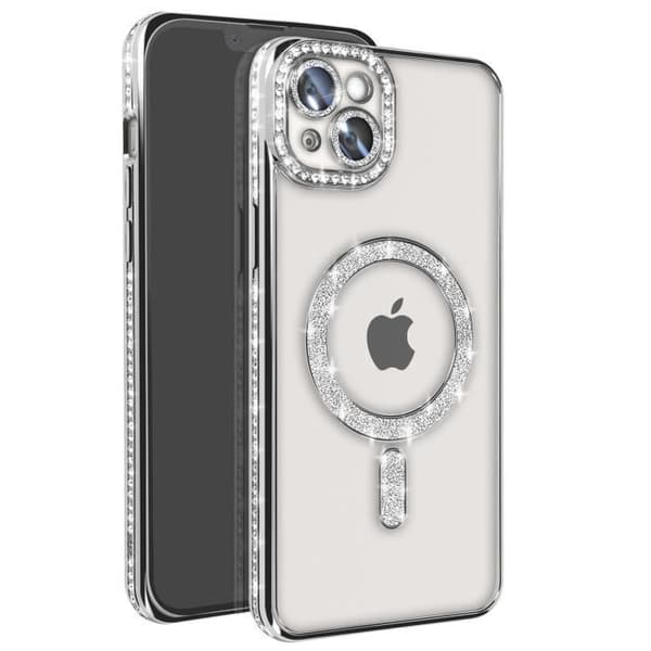 Coque - Diamant - iPhone 14 Plus - Kontur med sølvstrass - Kompatibel med MagSafe - Elegant Grå