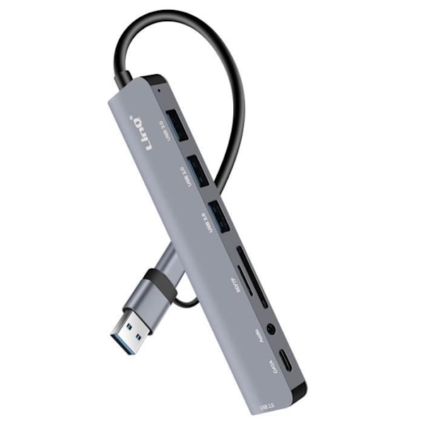 USB-keskittimen OTG-tuki 5 Gbps SD / TF-kortinlukijalla ja 3,5 mm:n ääniliittimellä LinQ Grey