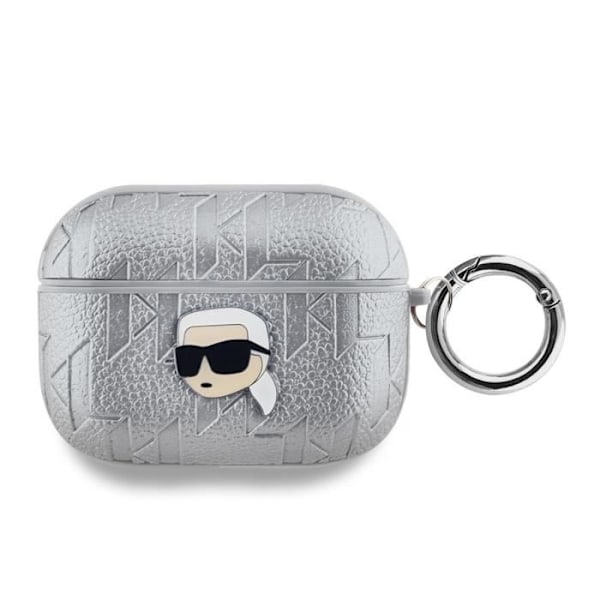 Karl Lagerfeldin hopeanvärinen monogrammi AirPods Pro -kotelo, jossa on Karl Head -kohokuvio. Grå