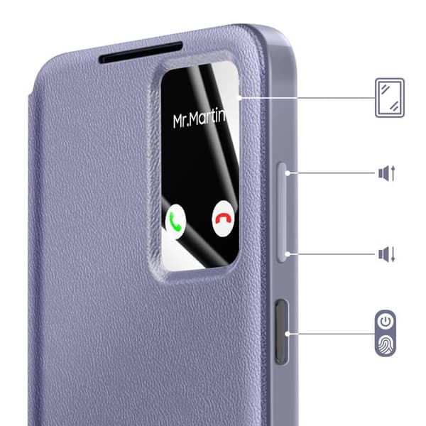 Galaxy A17:n kotelo Smart View -ikkunalla ja korttipaikalla, harmaa laventeli Grå