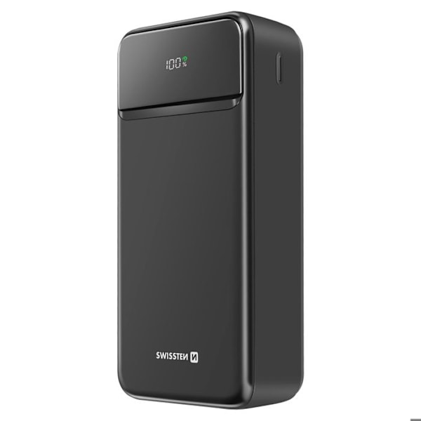 Batteri Ekstern 30000mAh med USB-C og 2 USB LED Skærm Kompakt Swissten Sort Svart